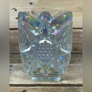 LE Smith Carnival Glass Vase Square Crystal Ice 6x3” Iridescent Starburst Holder